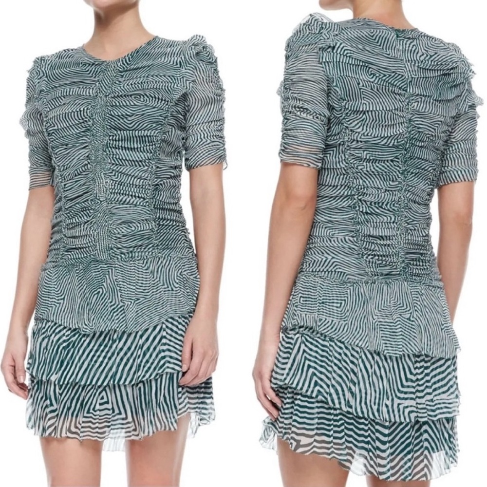 Isabel Marant Etoile Damia Ripple Print Ruched Tiered Silk Mini Dress Green 38